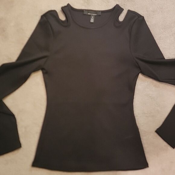 White House Black Market Black Cold Shoulder Ribbed Top Sz Med - Picture 4 of 8